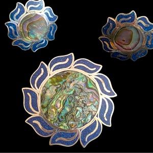 Vintage 925 Signed Brooch/Pendant and Screwback earrings set w lapis and abalone